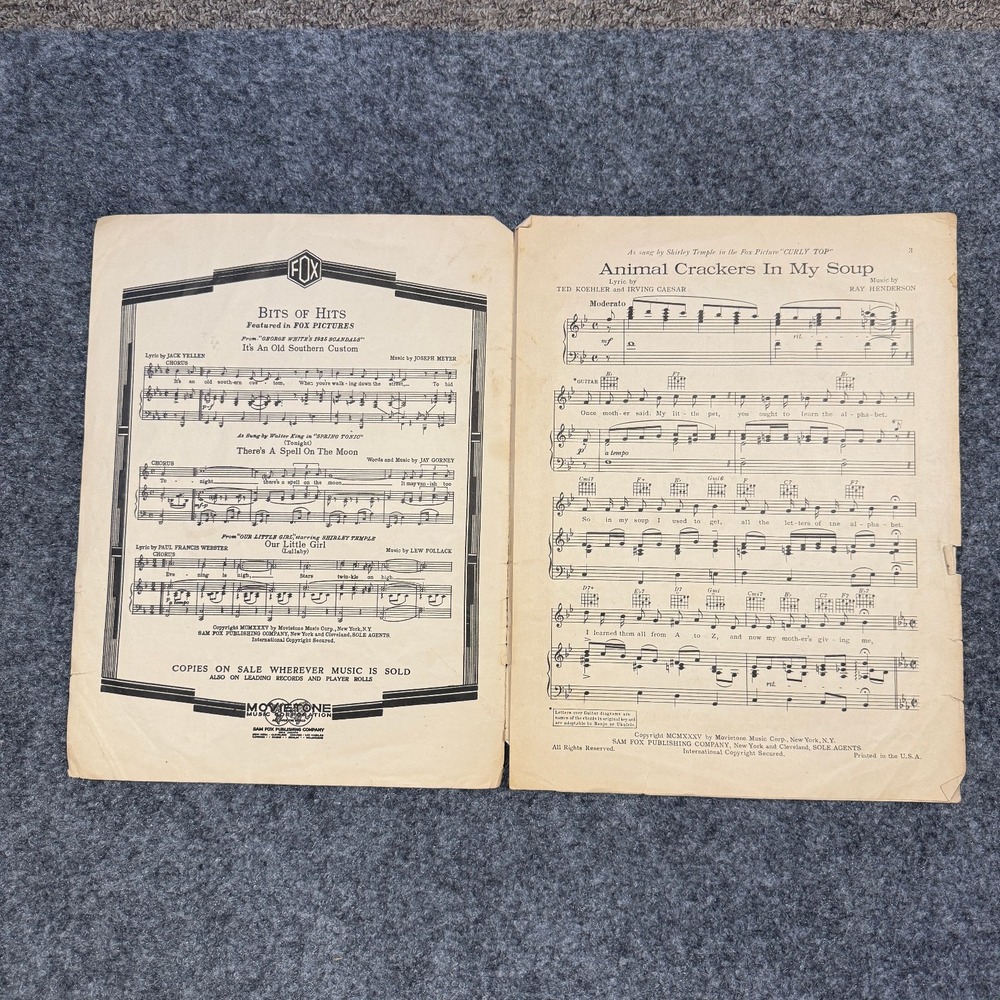 Animal Crackers In My Soup Vintage 1935 Sheet Music From Fox Picture Curly Top - Picture 2 of 7